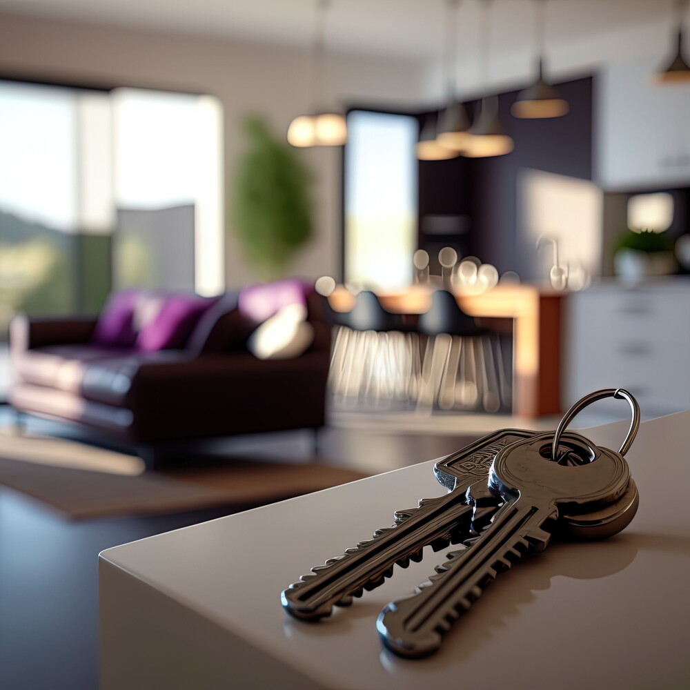 Set of keys on a kitchen island; blurred modern living room with sofa and dining area – move-in-ready holiday rental.