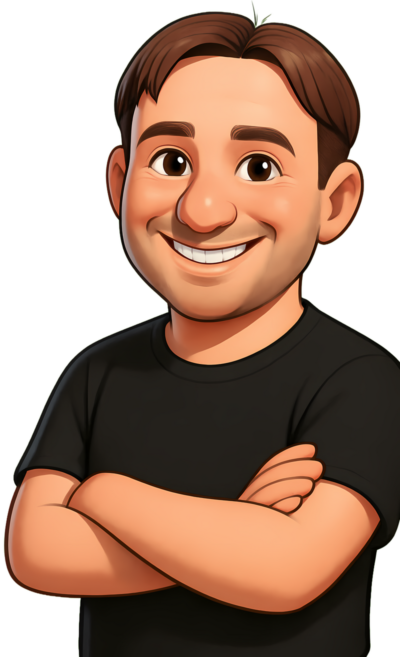 Cartoon portrait of a smiling man with brown hair, black T-shirt and folded arms.